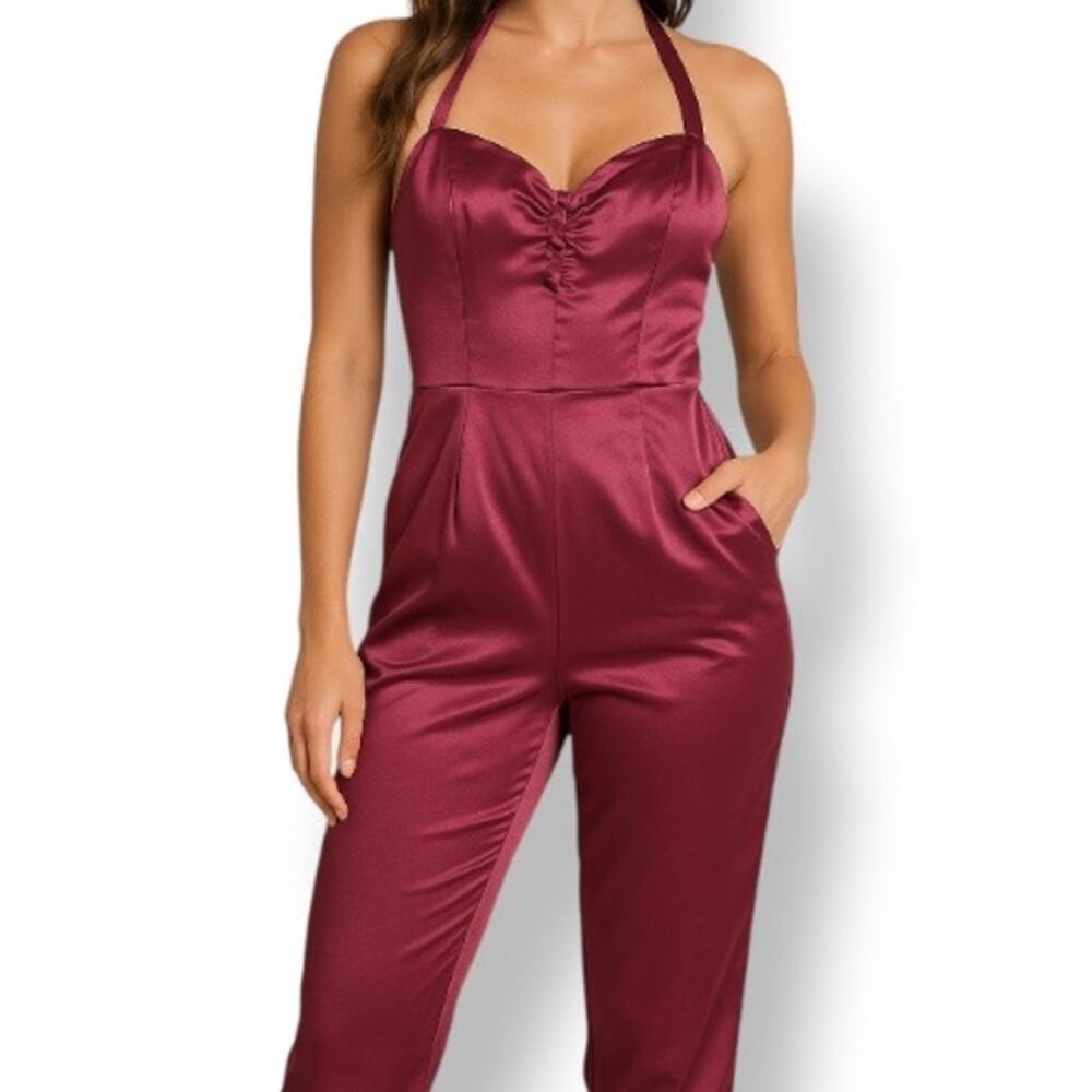 Unique Vintage Burgundy Satin Halter Jumpsuit Evening Glam Party 6 8 Open Back